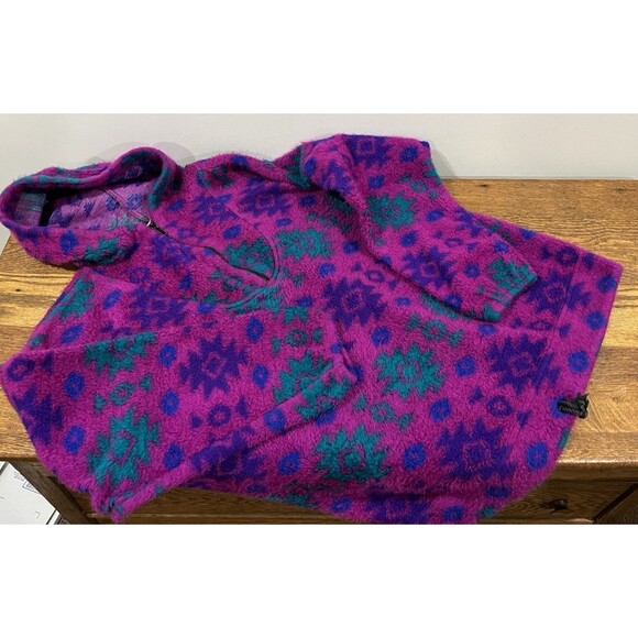 Vintage Fuzzy Sweatshirt Hoodie Sz Large 80s 90s Ski Lodge Neon Retro Grunge - Picture 3 of 16